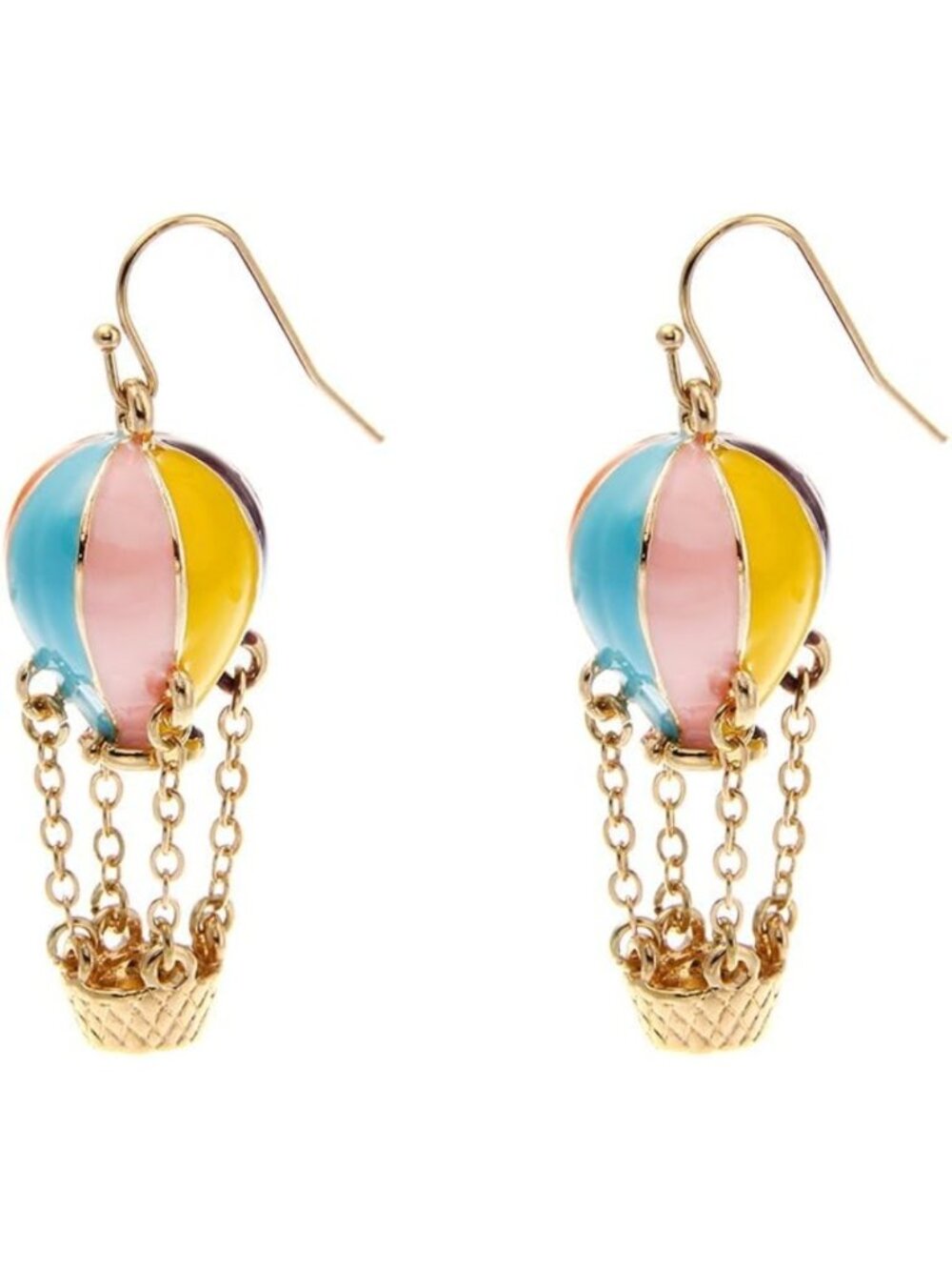 Colorful Enamel Hot Air Balloon Dangle Earrings with Chained Basket, Gold Tone
